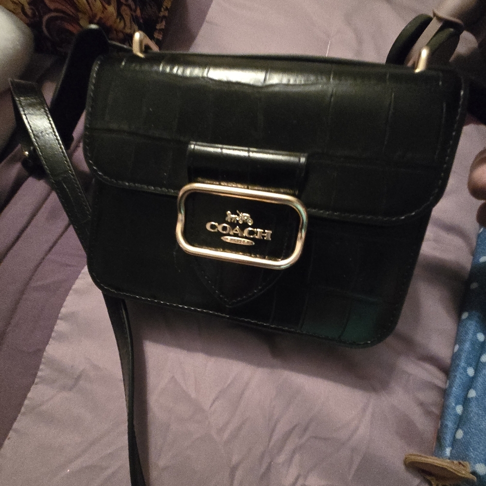 Coach Black Croc-Embossed Morgan Square Crossbody Bag